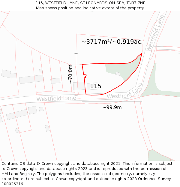 115, WESTFIELD LANE, ST LEONARDS-ON-SEA, TN37 7NF: Plot and title map