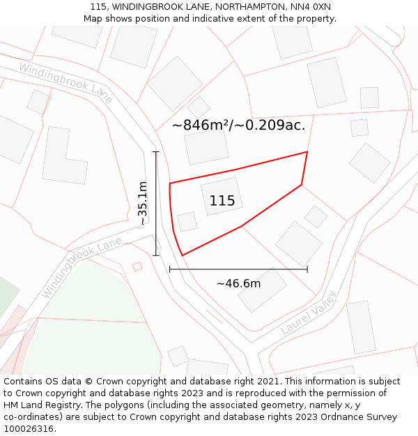 115, WINDINGBROOK LANE, NORTHAMPTON, NN4 0XN: Plot and title map