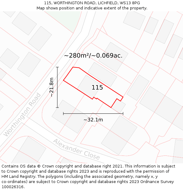 115, WORTHINGTON ROAD, LICHFIELD, WS13 8PG: Plot and title map