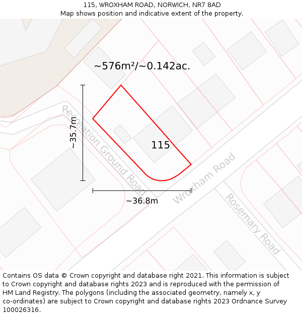 115, WROXHAM ROAD, NORWICH, NR7 8AD: Plot and title map