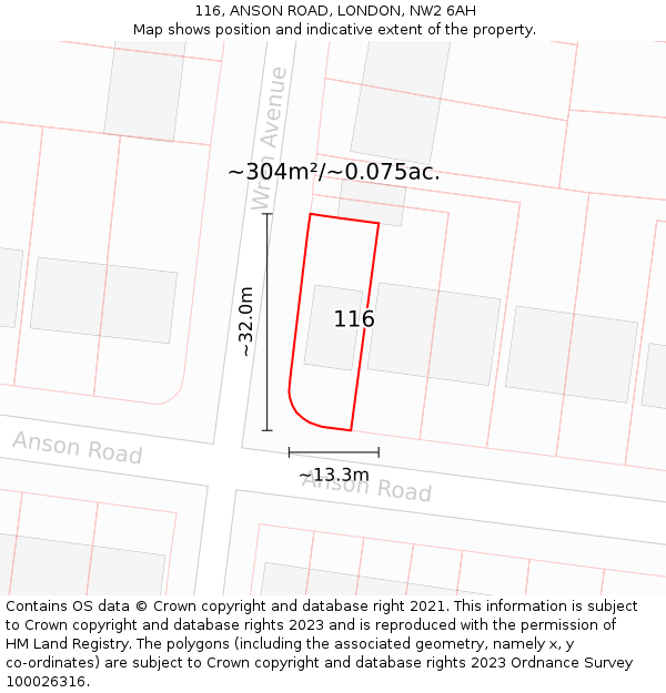 116, ANSON ROAD, LONDON, NW2 6AH: Plot and title map