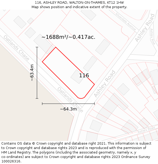 116, ASHLEY ROAD, WALTON-ON-THAMES, KT12 1HW: Plot and title map