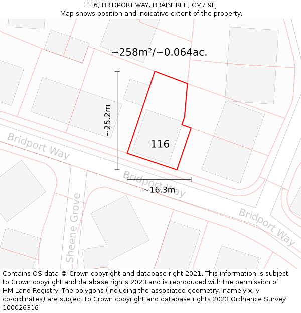 116, BRIDPORT WAY, BRAINTREE, CM7 9FJ: Plot and title map