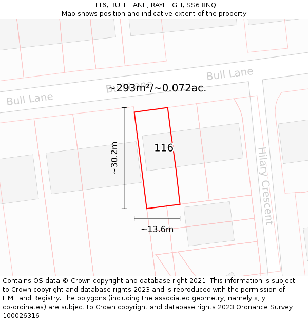116, BULL LANE, RAYLEIGH, SS6 8NQ: Plot and title map