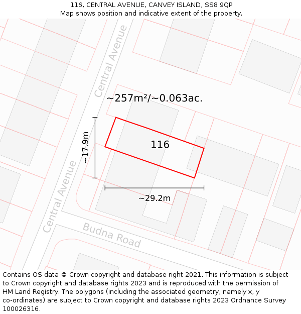 116, CENTRAL AVENUE, CANVEY ISLAND, SS8 9QP: Plot and title map