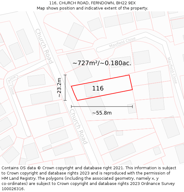 116, CHURCH ROAD, FERNDOWN, BH22 9EX: Plot and title map