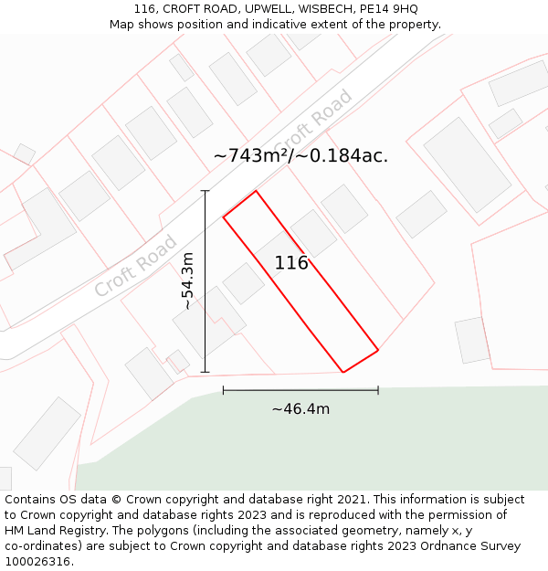 116, CROFT ROAD, UPWELL, WISBECH, PE14 9HQ: Plot and title map