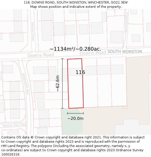 116, DOWNS ROAD, SOUTH WONSTON, WINCHESTER, SO21 3EW: Plot and title map