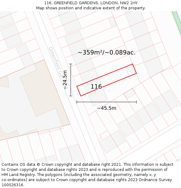 116, GREENFIELD GARDENS, LONDON, NW2 1HY: Plot and title map