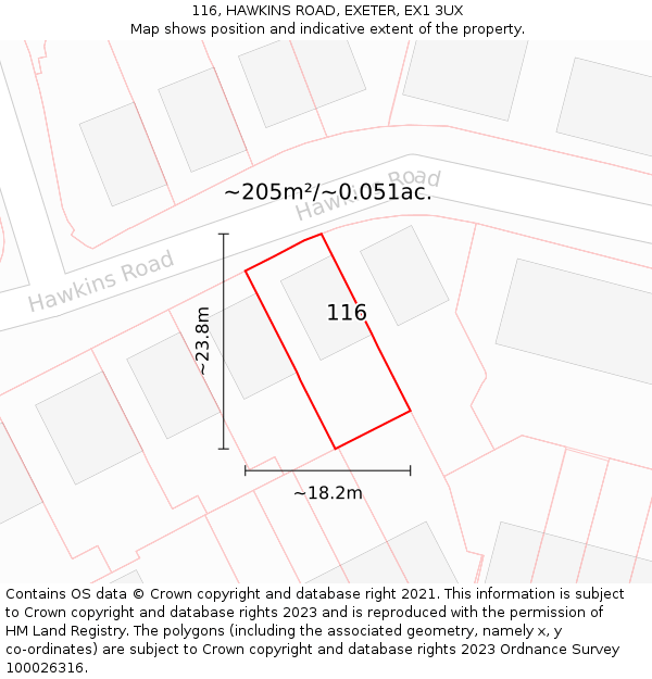 116, HAWKINS ROAD, EXETER, EX1 3UX: Plot and title map