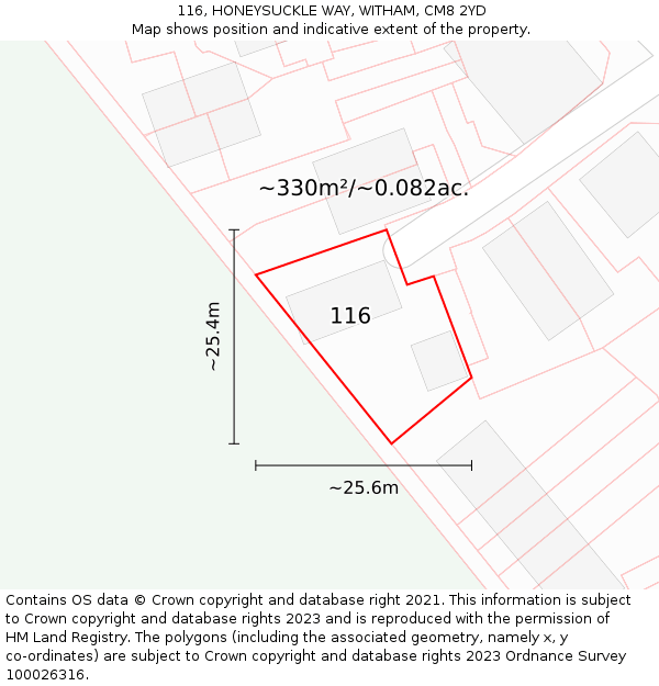 116, HONEYSUCKLE WAY, WITHAM, CM8 2YD: Plot and title map