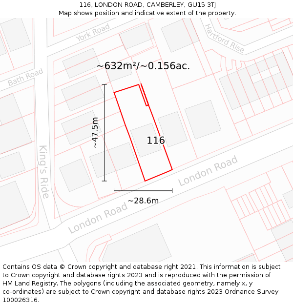 116, LONDON ROAD, CAMBERLEY, GU15 3TJ: Plot and title map