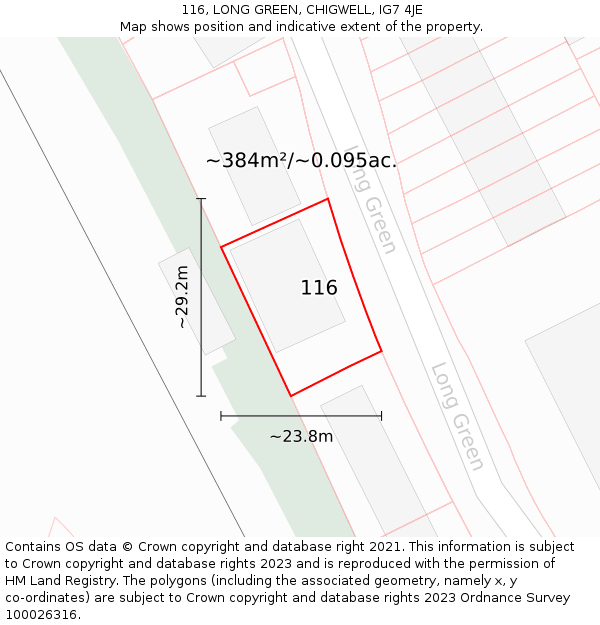 116, LONG GREEN, CHIGWELL, IG7 4JE: Plot and title map