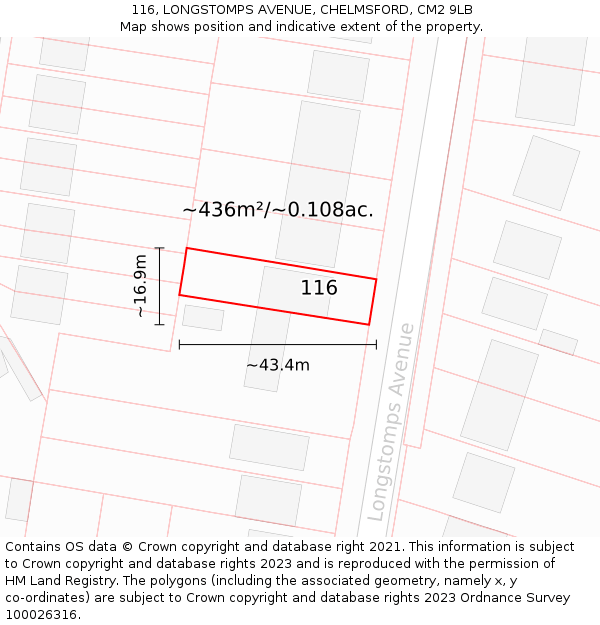 116, LONGSTOMPS AVENUE, CHELMSFORD, CM2 9LB: Plot and title map