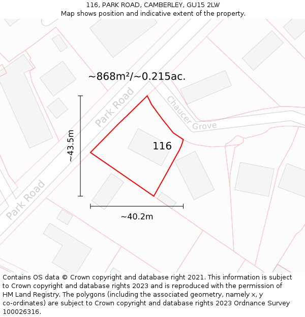 116, PARK ROAD, CAMBERLEY, GU15 2LW: Plot and title map