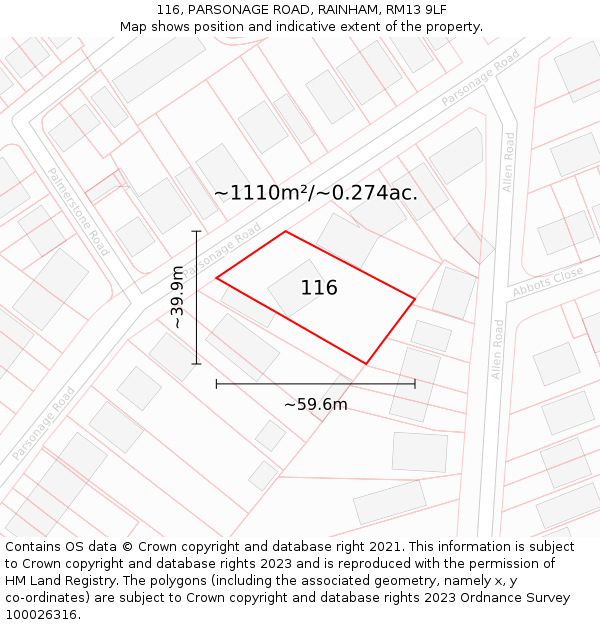 116, PARSONAGE ROAD, RAINHAM, RM13 9LF: Plot and title map