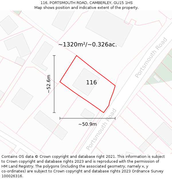 116, PORTSMOUTH ROAD, CAMBERLEY, GU15 1HS: Plot and title map