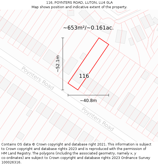 116, POYNTERS ROAD, LUTON, LU4 0LA: Plot and title map