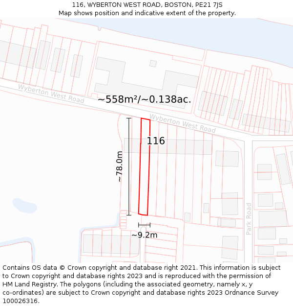 116, WYBERTON WEST ROAD, BOSTON, PE21 7JS: Plot and title map