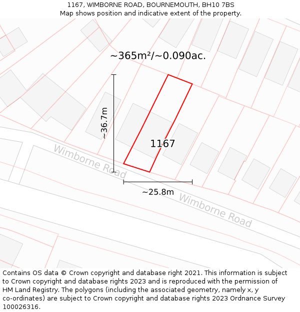 1167, WIMBORNE ROAD, BOURNEMOUTH, BH10 7BS: Plot and title map