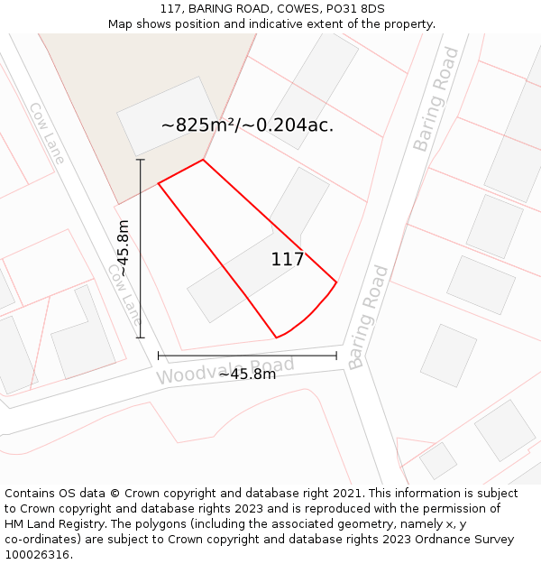 117, BARING ROAD, COWES, PO31 8DS: Plot and title map