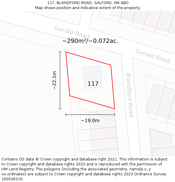 117, BLANDFORD ROAD, SALFORD, M6 6BD: Plot and title map