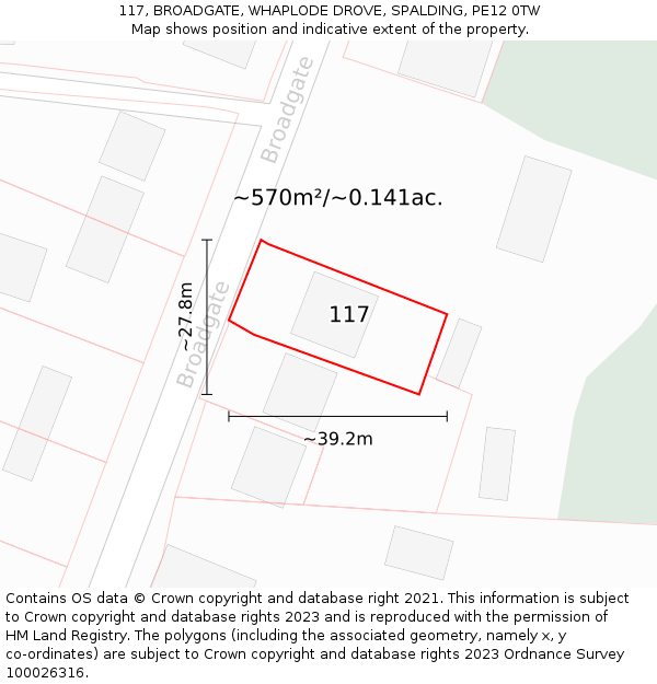 117, BROADGATE, WHAPLODE DROVE, SPALDING, PE12 0TW: Plot and title map