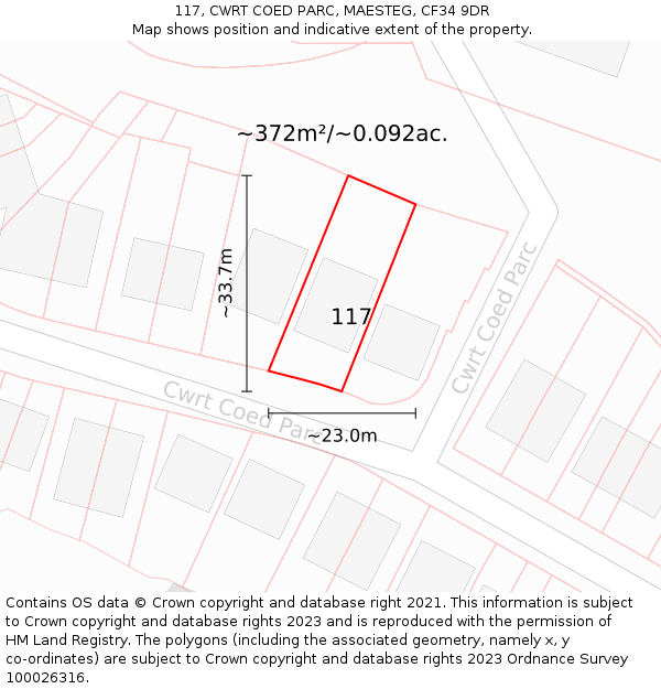 117, CWRT COED PARC, MAESTEG, CF34 9DR: Plot and title map