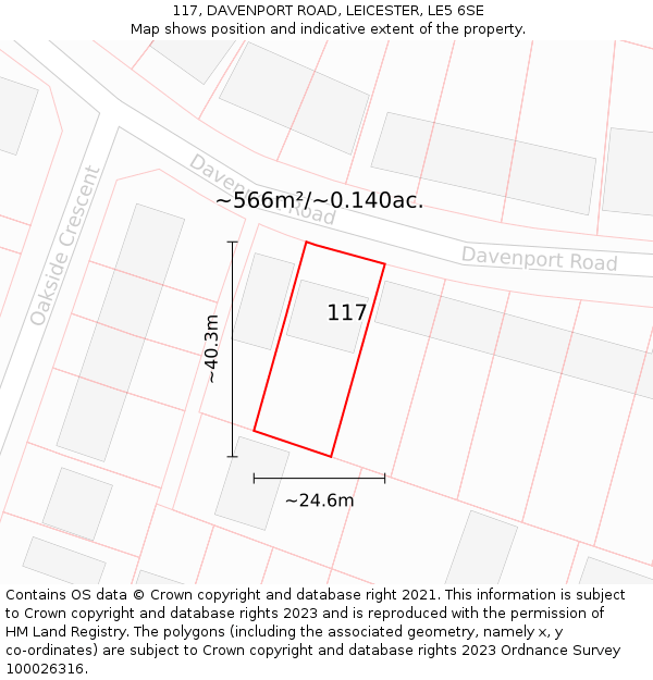 117, DAVENPORT ROAD, LEICESTER, LE5 6SE: Plot and title map