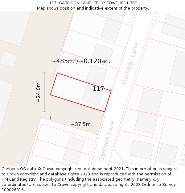 117, GARRISON LANE, FELIXSTOWE, IP11 7RE: Plot and title map