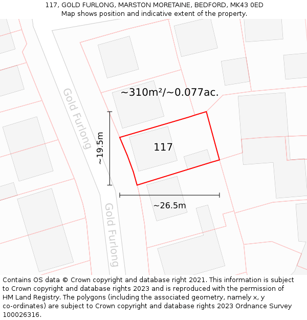 117, GOLD FURLONG, MARSTON MORETAINE, BEDFORD, MK43 0ED: Plot and title map