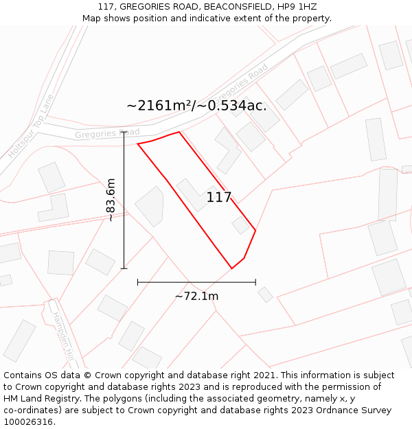 117, GREGORIES ROAD, BEACONSFIELD, HP9 1HZ: Plot and title map