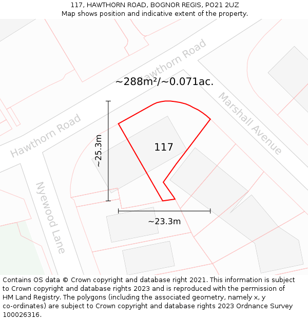 117, HAWTHORN ROAD, BOGNOR REGIS, PO21 2UZ: Plot and title map