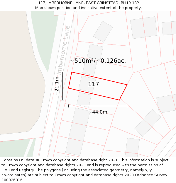 117, IMBERHORNE LANE, EAST GRINSTEAD, RH19 1RP: Plot and title map