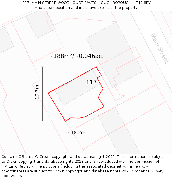 117, MAIN STREET, WOODHOUSE EAVES, LOUGHBOROUGH, LE12 8RY: Plot and title map