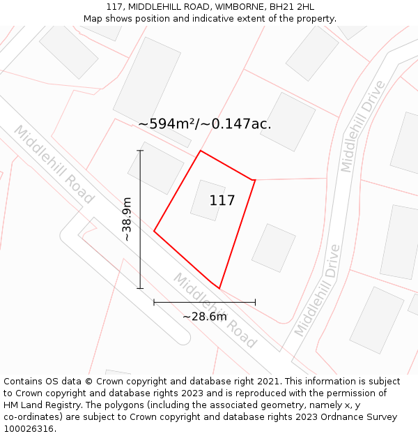 117, MIDDLEHILL ROAD, WIMBORNE, BH21 2HL: Plot and title map