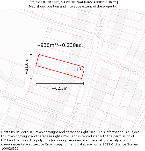 117, NORTH STREET, NAZEING, WALTHAM ABBEY, EN9 2NJ: Plot and title map