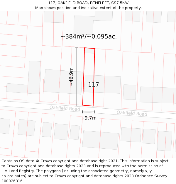 117, OAKFIELD ROAD, BENFLEET, SS7 5NW: Plot and title map