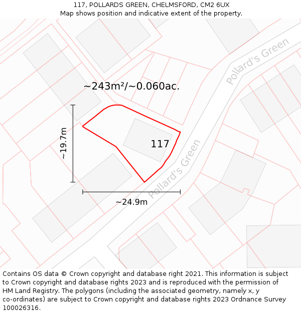 117, POLLARDS GREEN, CHELMSFORD, CM2 6UX: Plot and title map