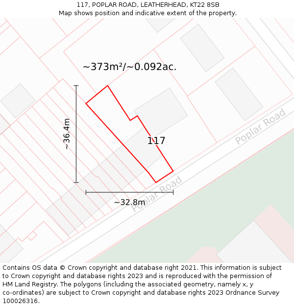 117, POPLAR ROAD, LEATHERHEAD, KT22 8SB: Plot and title map