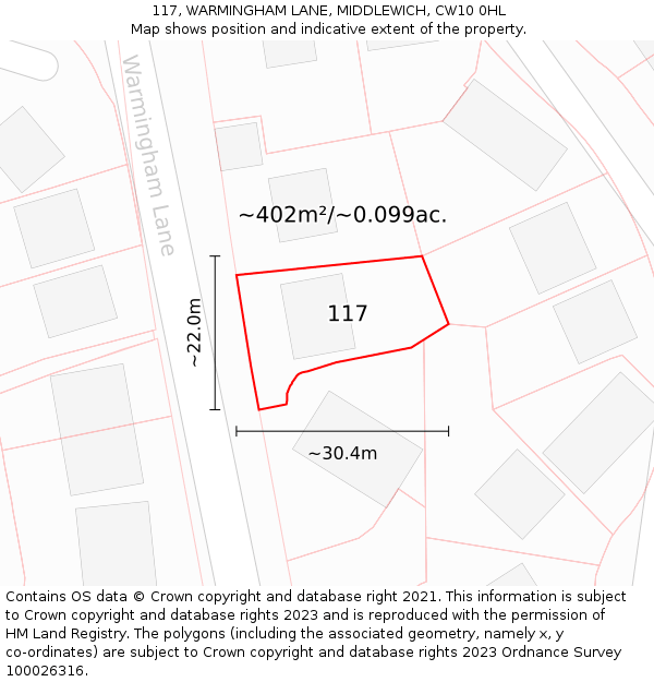 117, WARMINGHAM LANE, MIDDLEWICH, CW10 0HL: Plot and title map