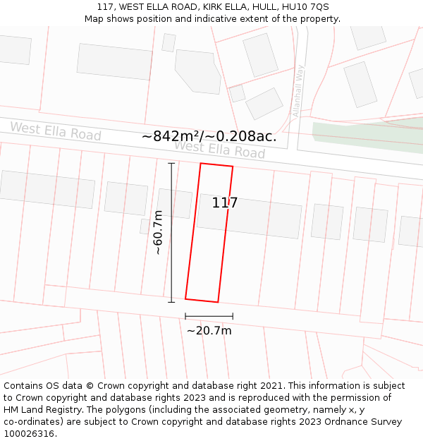 117, WEST ELLA ROAD, KIRK ELLA, HULL, HU10 7QS: Plot and title map