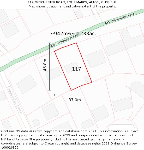 117, WINCHESTER ROAD, FOUR MARKS, ALTON, GU34 5HU: Plot and title map