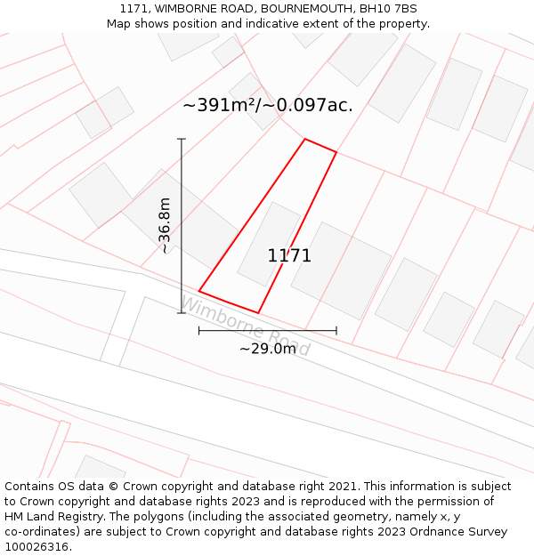 1171, WIMBORNE ROAD, BOURNEMOUTH, BH10 7BS: Plot and title map