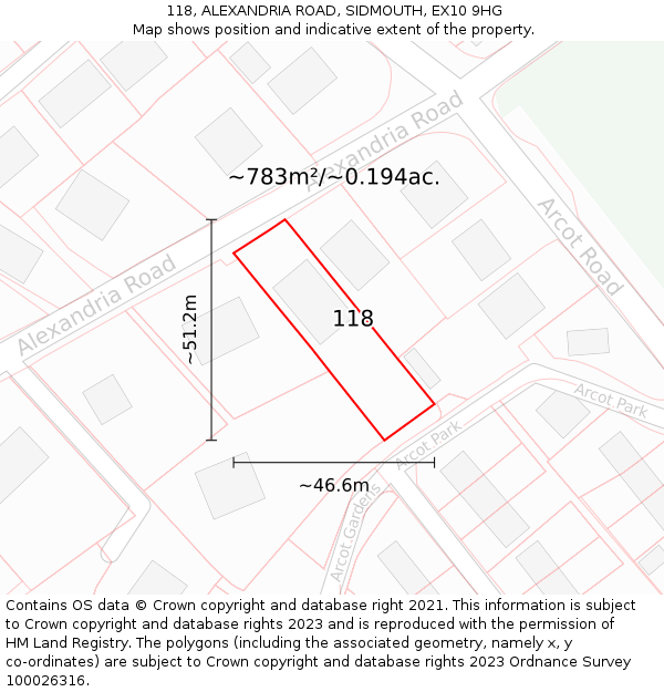 118, ALEXANDRIA ROAD, SIDMOUTH, EX10 9HG: Plot and title map