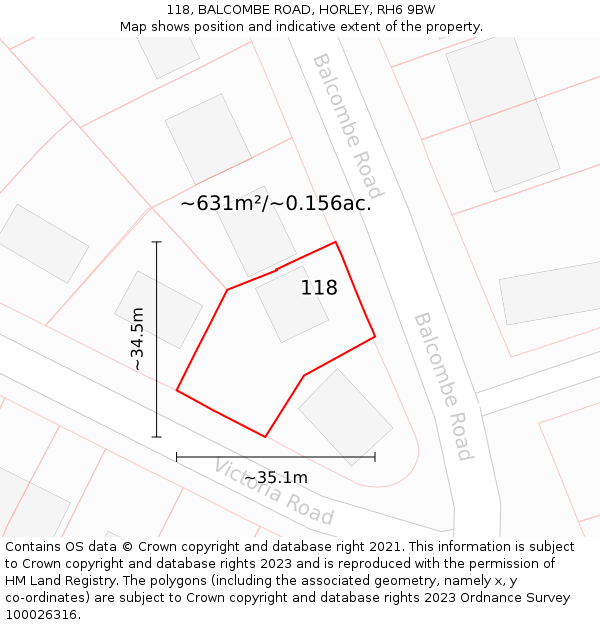 118, BALCOMBE ROAD, HORLEY, RH6 9BW: Plot and title map