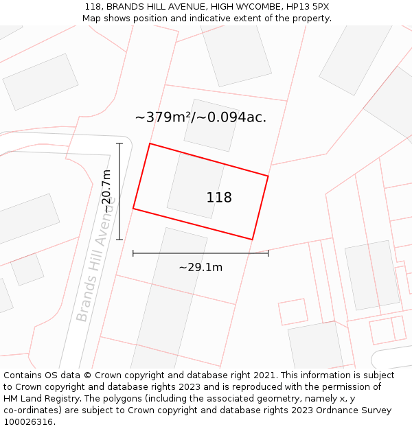 118, BRANDS HILL AVENUE, HIGH WYCOMBE, HP13 5PX: Plot and title map