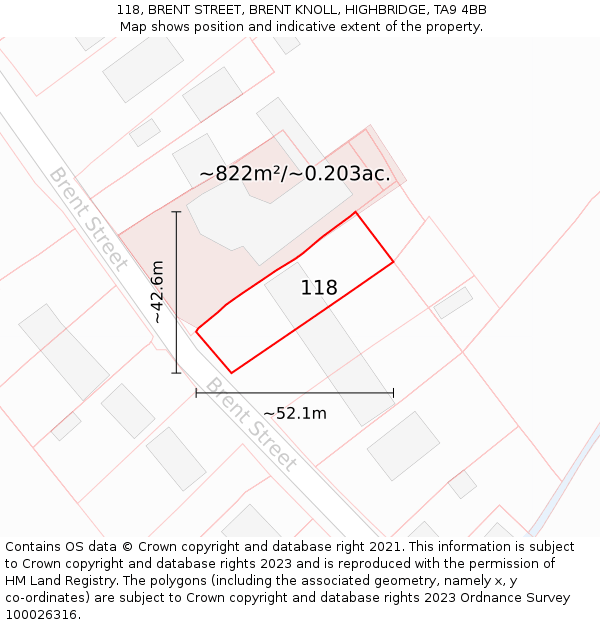 118, BRENT STREET, BRENT KNOLL, HIGHBRIDGE, TA9 4BB: Plot and title map