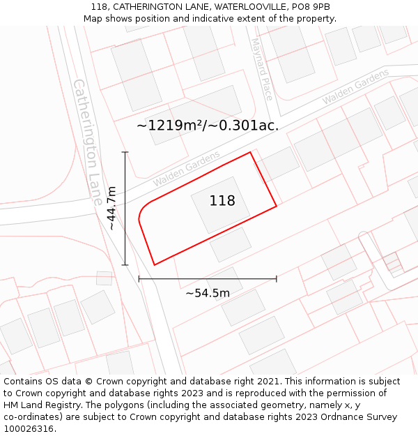 118, CATHERINGTON LANE, WATERLOOVILLE, PO8 9PB: Plot and title map