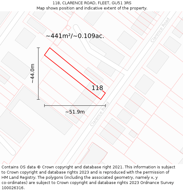 118, CLARENCE ROAD, FLEET, GU51 3RS: Plot and title map